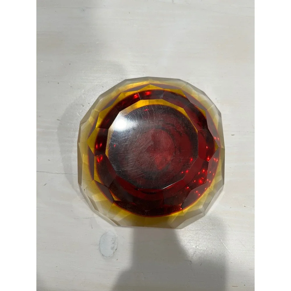 Vintage Murano‎ Sommerso Glass Ashtray Bowl Red Amber Geode Faceted